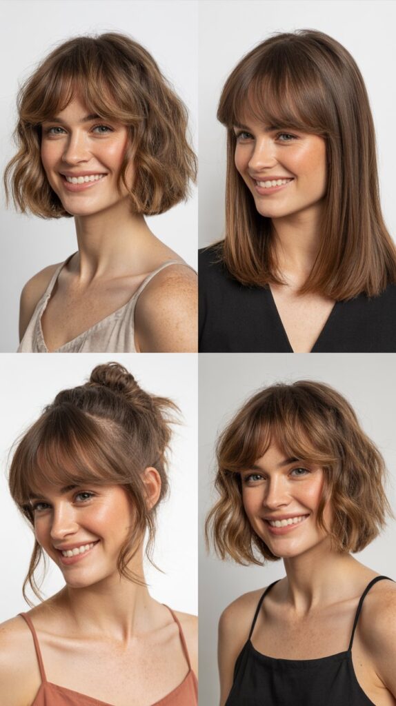 Textured Long Bob with Wispy Curtain Bangs