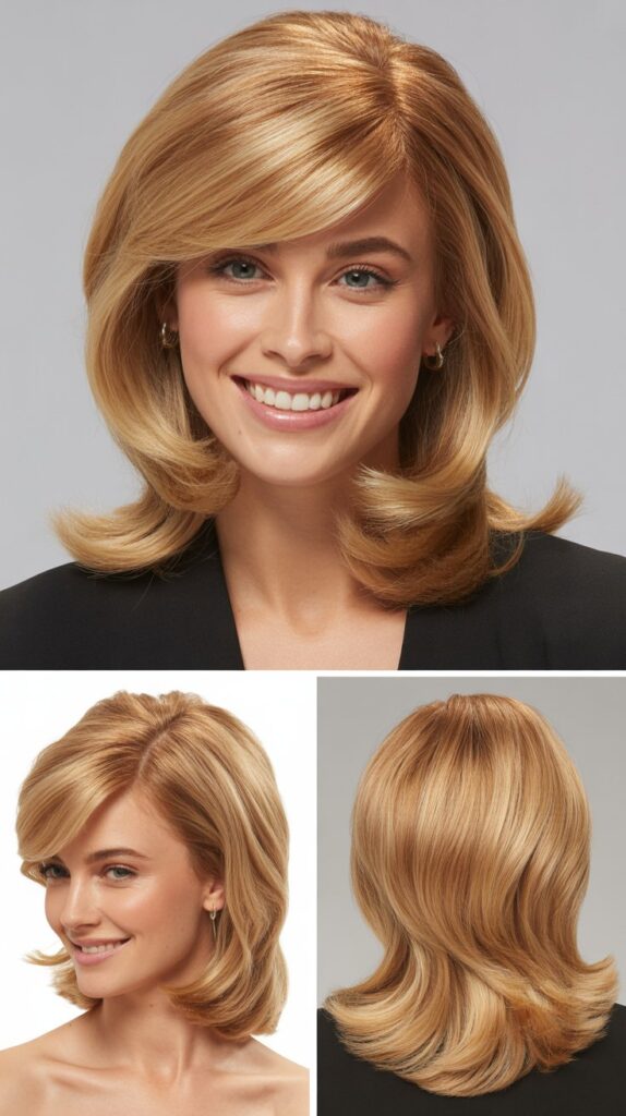 Medium Blonde Hair with Side Bangs and Volume at the Crown