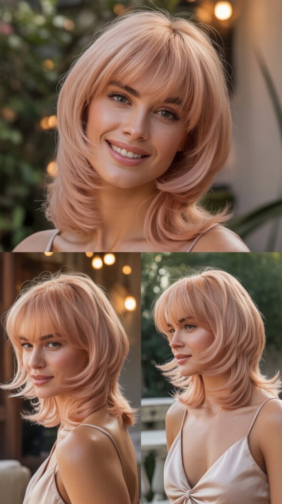 Feathered Bangs with Champagne Rose Blonde Disconnected Layers