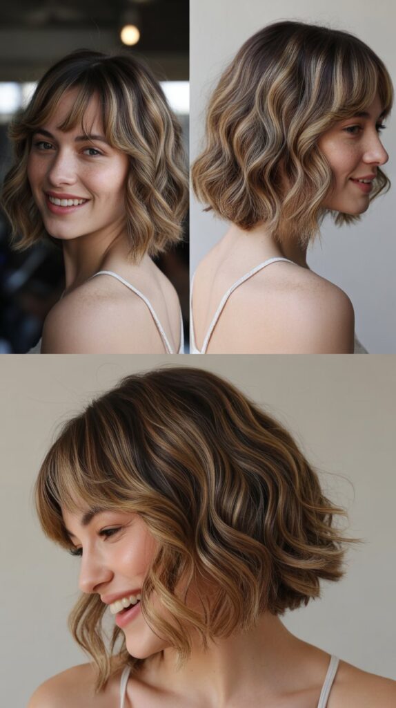 Wavy Bob With Long Bangs And Babylights