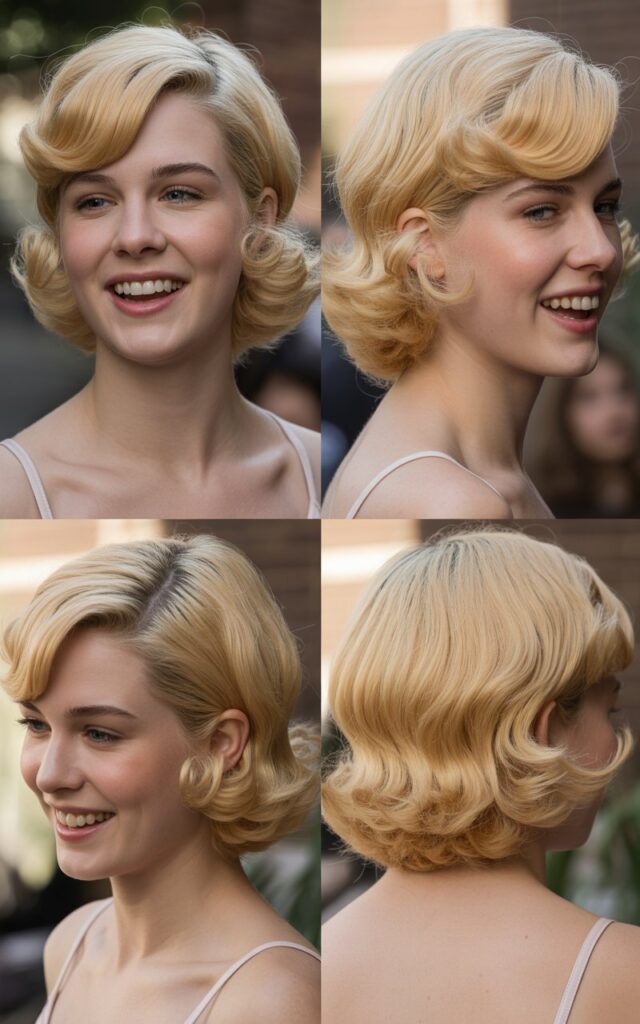 Medium-Length Blonde Hair with Side Bangs and Flipped Ends