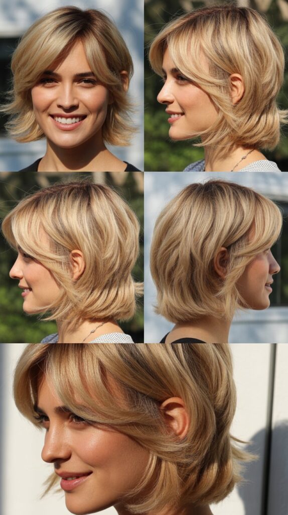 Medium Blonde Shag with Curtain-Style Side Bangs