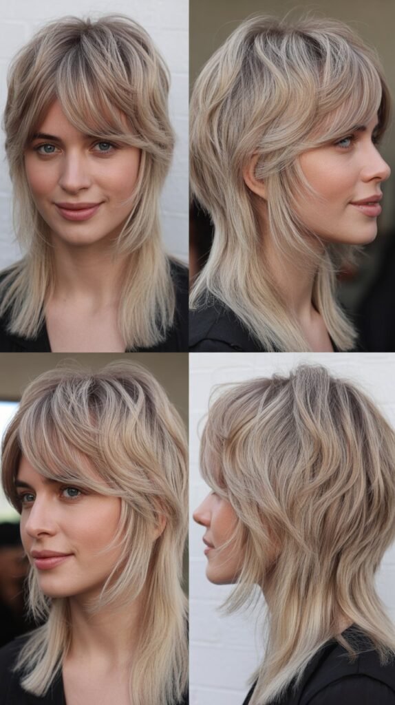 Mushroom Blonde Textured Layers with Curtain Bangs