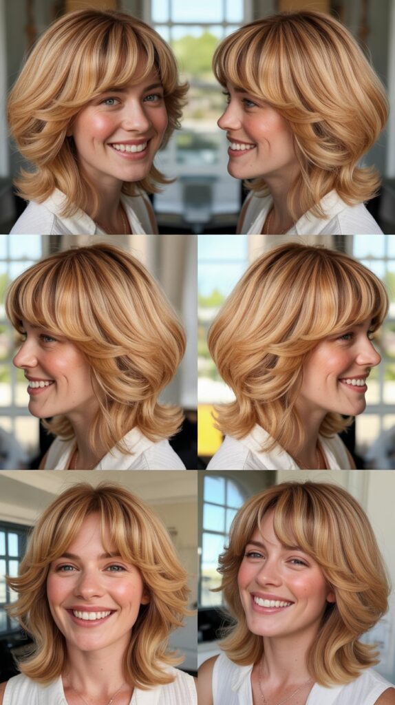 Textured Bangs with Apricot Blonde Layered Lob
