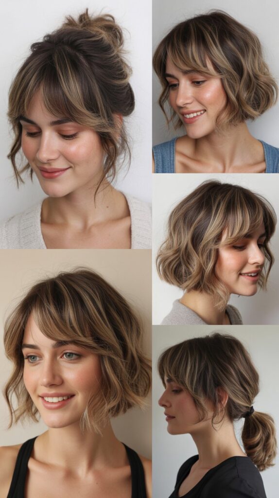  Tousled Long Bob with Brow-Skimming Bangs