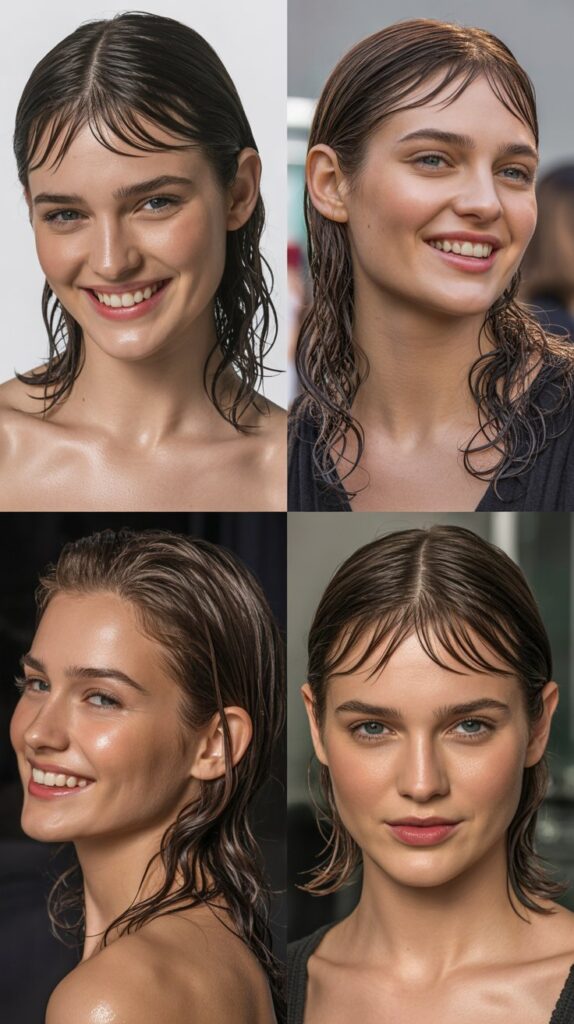 Wet-Look Styling with Curtain Bangs
