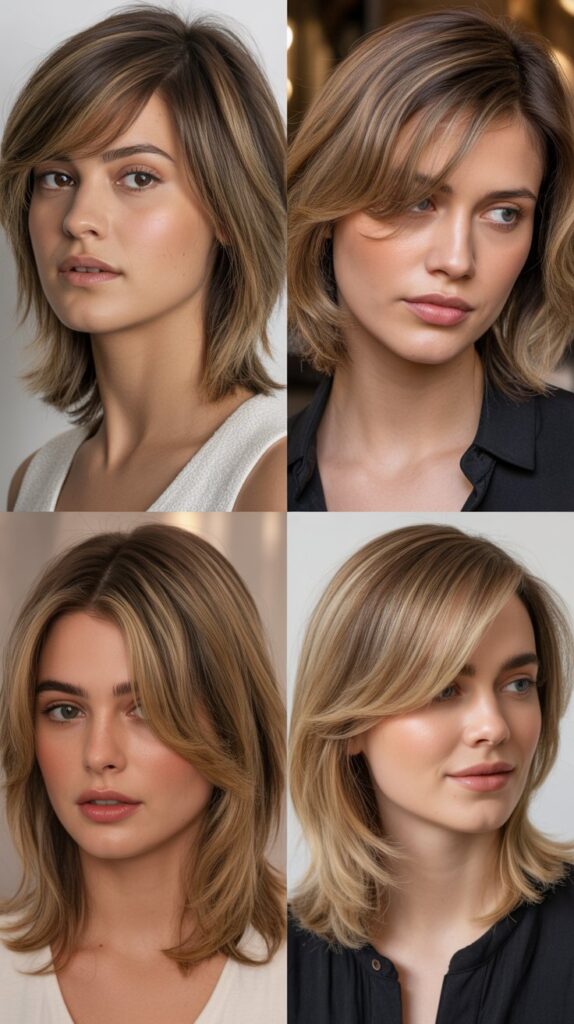 56 Medium-Length Hairstyles With Bangs for a Trendy Look 3 Side-Swept Bangs with Layered Medium Hair