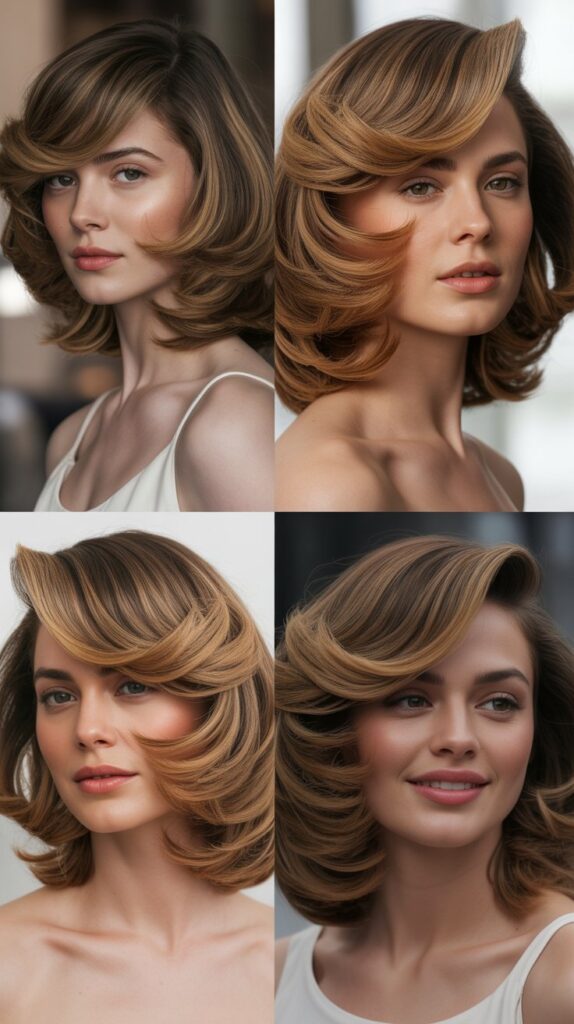 56 Medium-Length Hairstyles With Bangs for a Trendy Look 53 Swooped Side Bangs with Volume