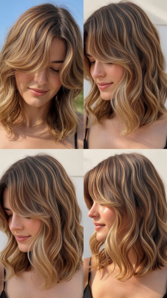 34 Gorgeous Medium-Length Hair With Bangs Ideas for a Modern Update 4 Wavy Lob with Side-Swept Bangs