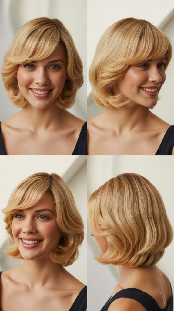 Medium Blonde Collarbone-Length Hair with Swoopy Side Bangs