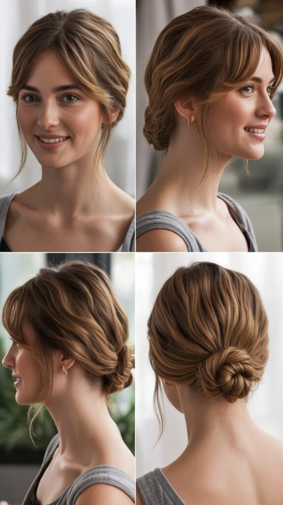 Half-Up Twisted Bun with Long Side Bangs