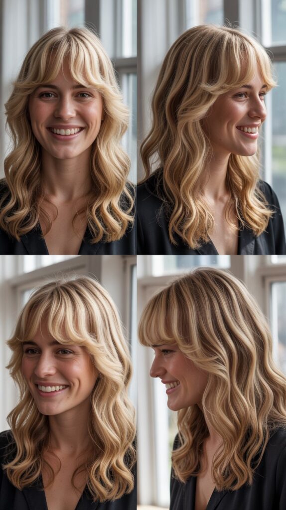 Wavy Shoulder Cut with Curtain Bangs and Highlights