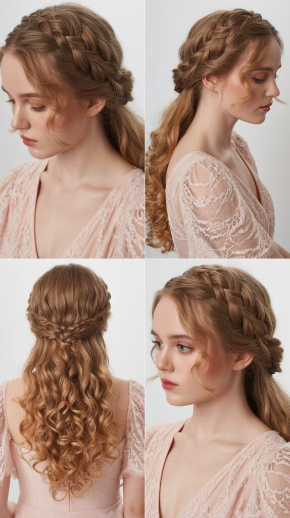 33 Elegant Formal Medium-Length Hairstyles Perfect for Special Occasions 21 Crown Braid with Loose Curls