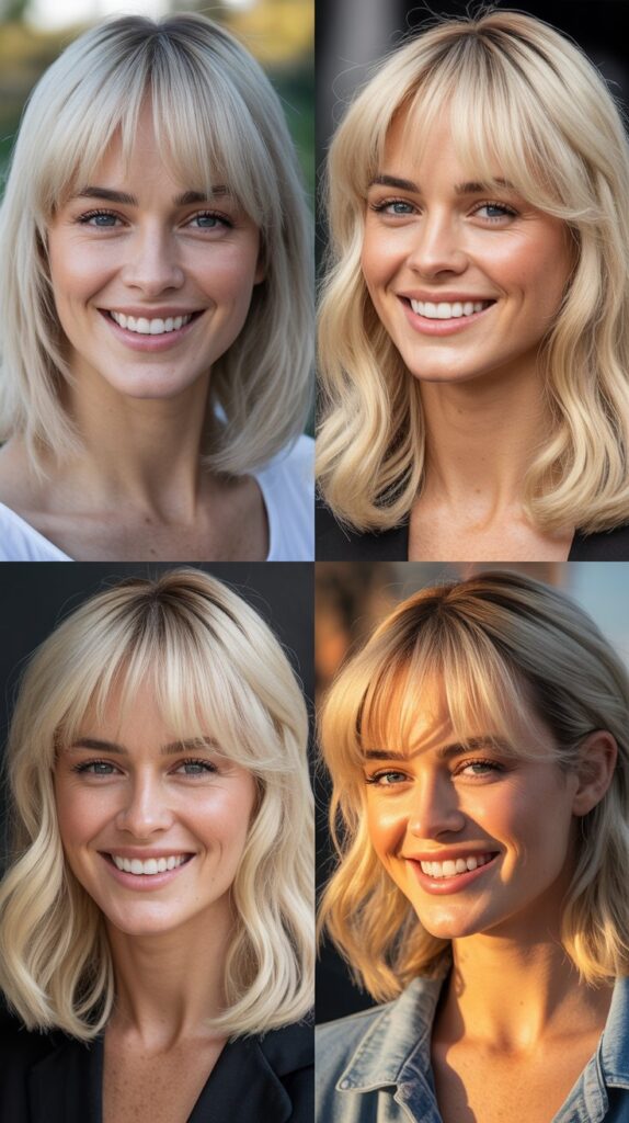 Platinum Blonde Medium Length with Curtain Bangs