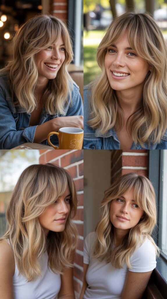 Medium Blonde Hair with Side Bangs and Lived-In Texture