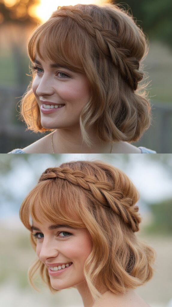 Side Braid Crown with Curtain Bangs