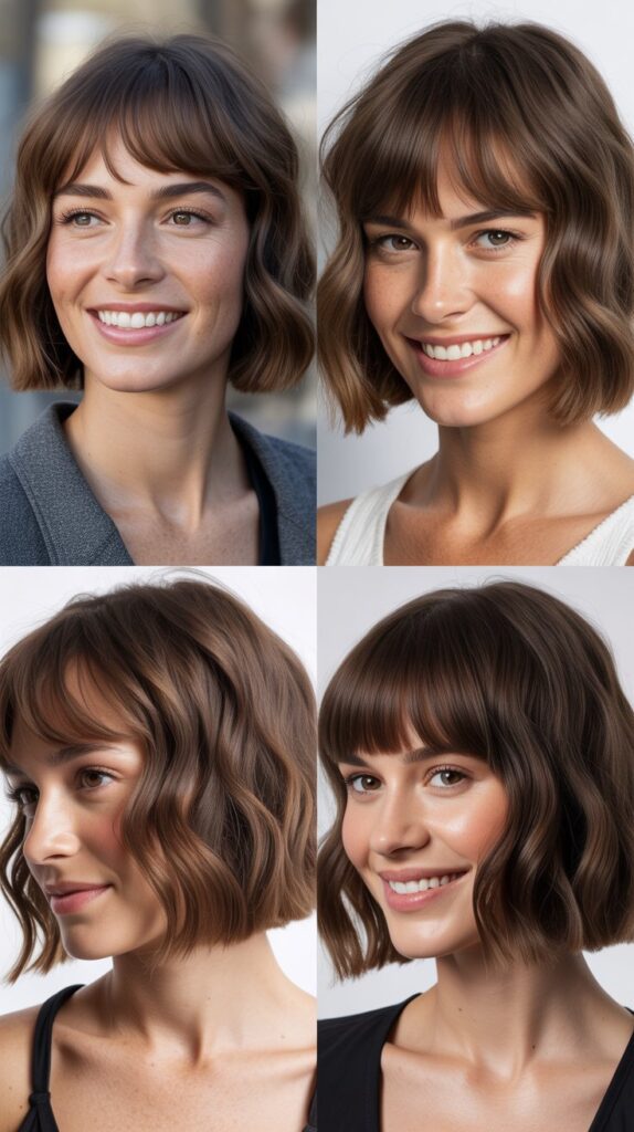 Blunt Bob With Soft Wavy Texture And Long Curtain Bangs