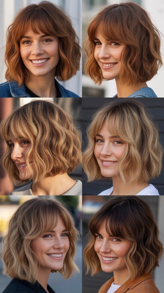 Wavy Bob With Long Bangs In Warm Tones