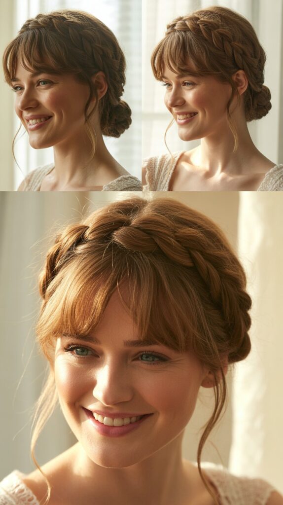 Twisted Halo Updo with Curtain Bangs