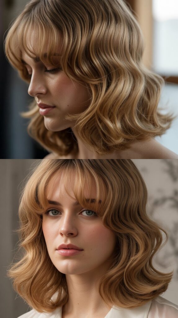 33 Flattering Medium Haircuts With Bangs for Round Faces 14 Long Side Bangs with Collarbone Waves