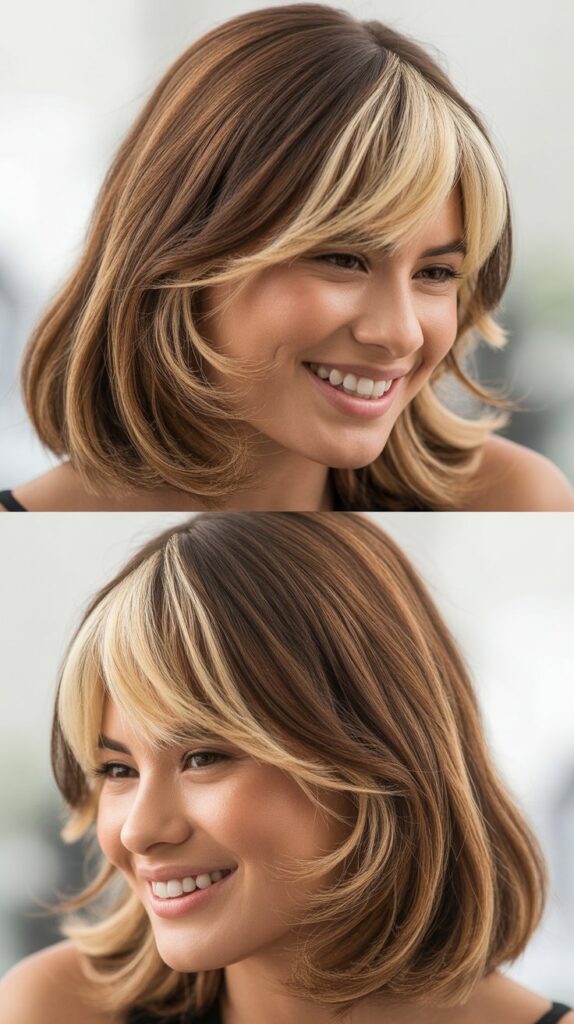 Medium Hair with Curtain Bangs and Money Piece