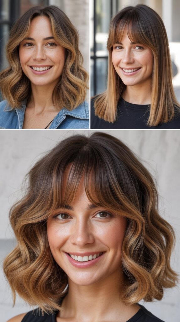 Caramel Balayage Medium Cut with Curtain Bangs