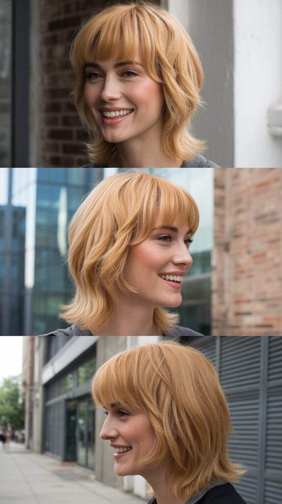 Medium-Length Golden Blonde Hair with Choppy Side Bangs