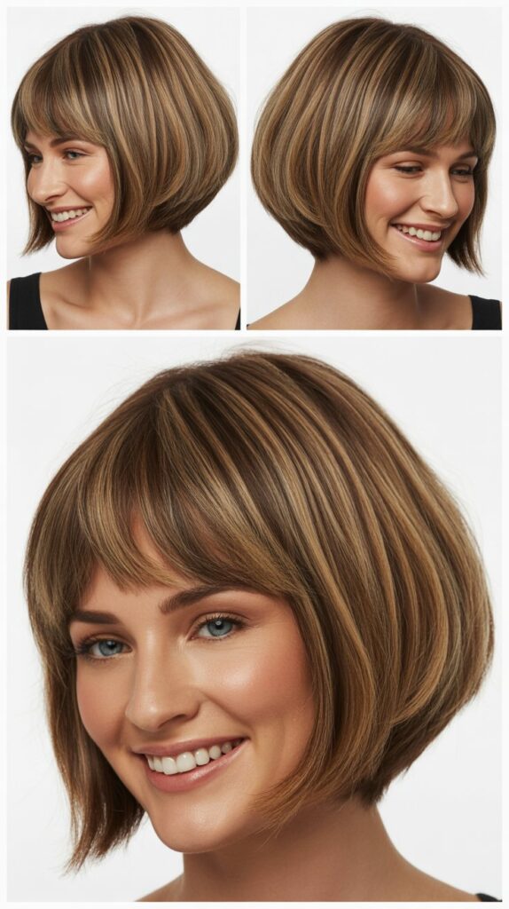 42 Medium Haircuts With Bangs for Thin Hair That Add Volume 12 Stacked Bob With Full Bangs