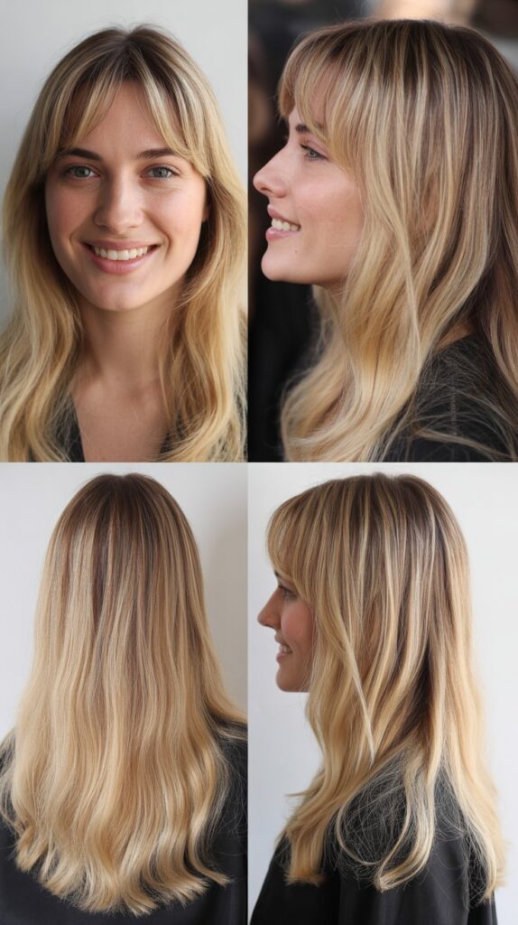 Medium Blonde Hair with Side Bangs and Root Shadow