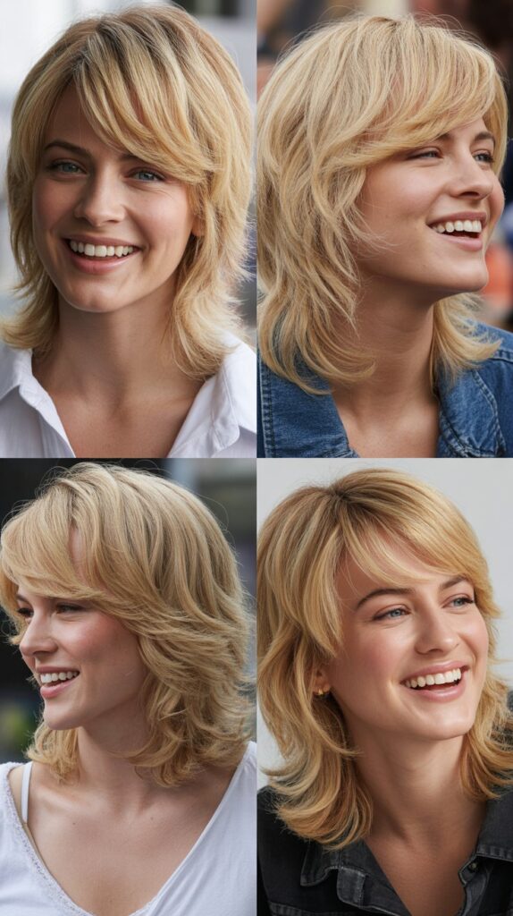 Medium Blonde Shaggy Layers with Side-Swept Fringe