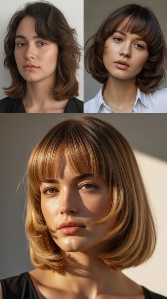 56 Medium-Length Hairstyles With Bangs for a Trendy Look 8 Rounded Bangs for Soft Femininity