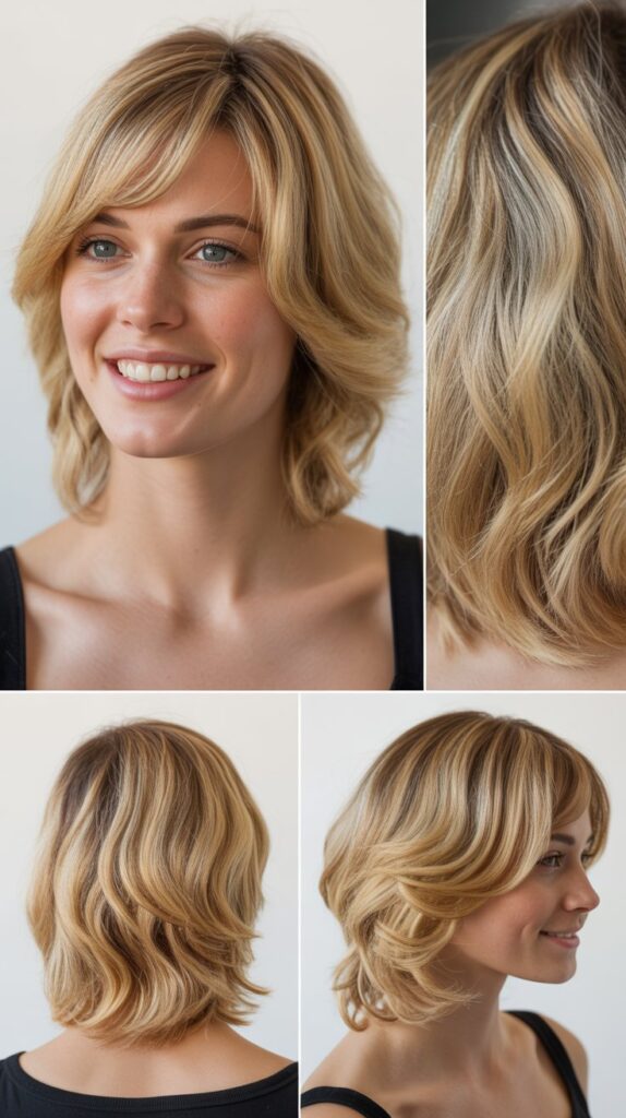 Medium Blonde Hair with Side Bangs and Textured Ends