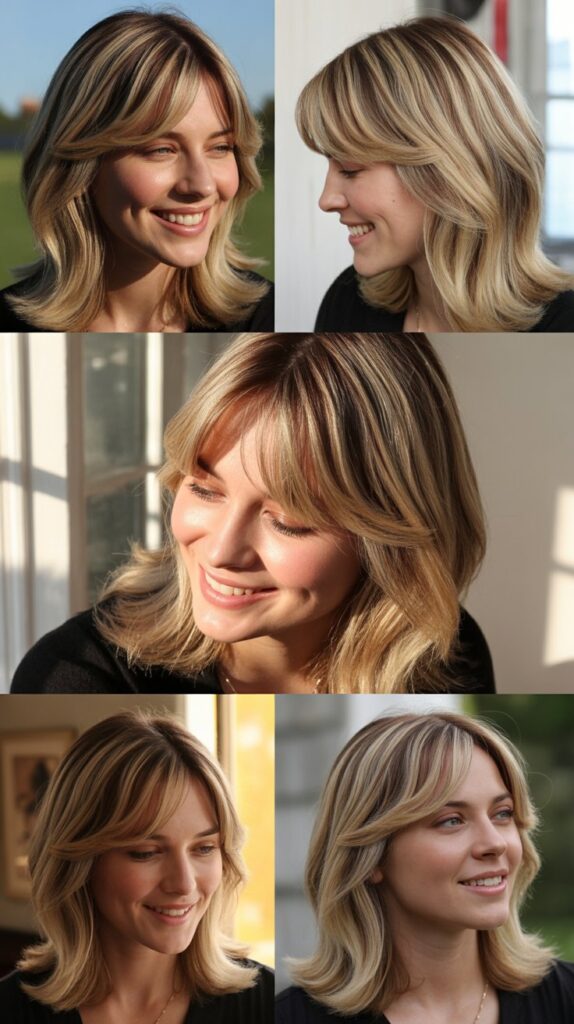 Medium Blonde Hair with Side Bangs and Subtle Balayage