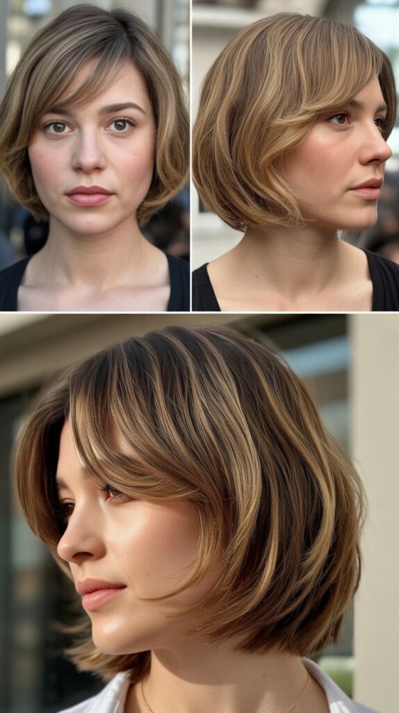 33 Flattering Medium Haircuts With Bangs for Round Faces 1 Side-Swept Bangs with Layered Lob