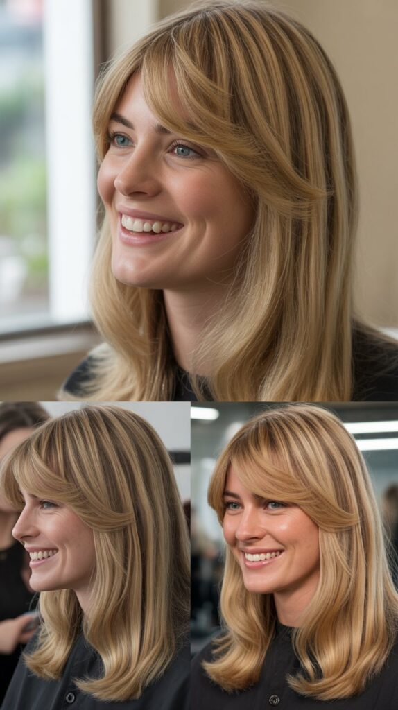 Medium-Length Blonde Hair with Side Bangs and Face-Framing Highlights