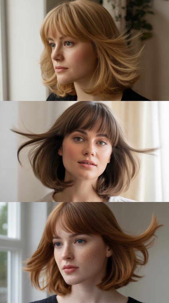56 Medium-Length Hairstyles With Bangs for a Trendy Look 22 Feathered Fringe with Airy Movement