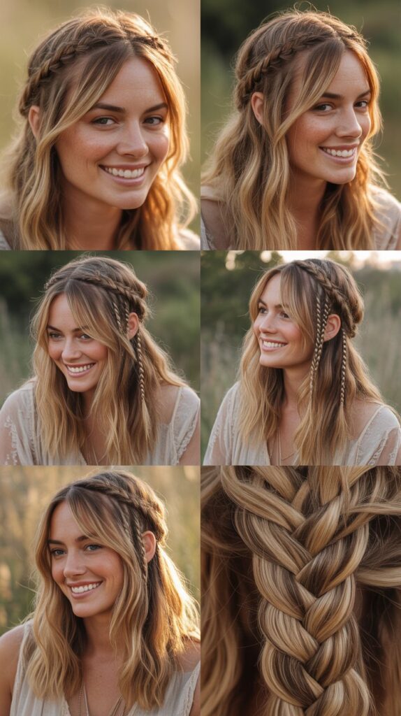 Medium Blonde Hair with Side Bangs and Braided Accents