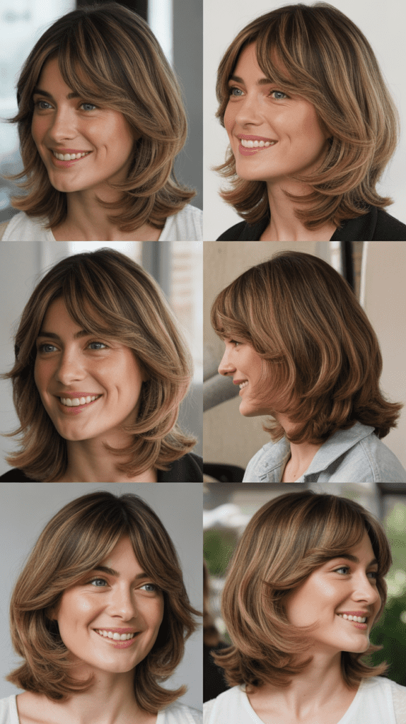 33 Chic Medium Haircuts With Bangs for Women Who Want a Fresh Style 29 Layered Medium Cut with Curtain Bangs