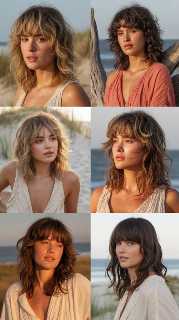 56 Medium-Length Hairstyles With Bangs for a Trendy Look 10 Piecey Textured Bangs with Beachy Waves