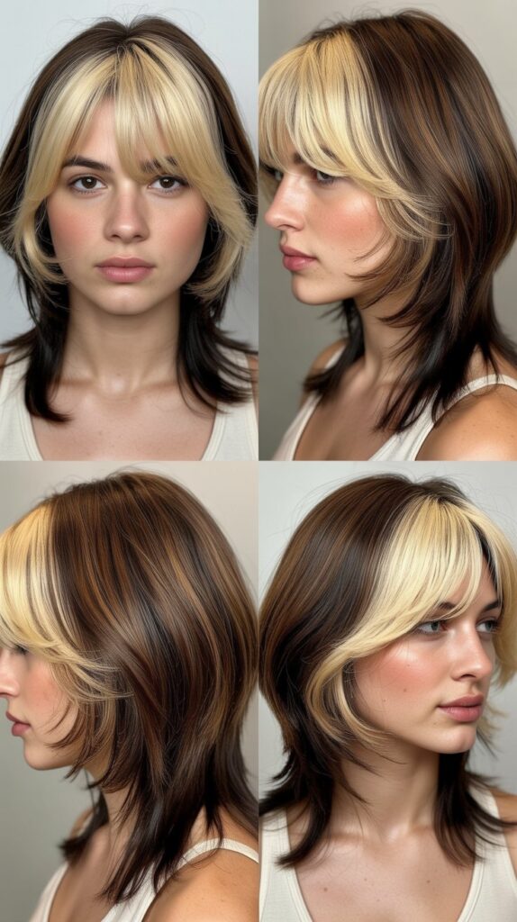 Shag With Money Piece Highlights and Bangs