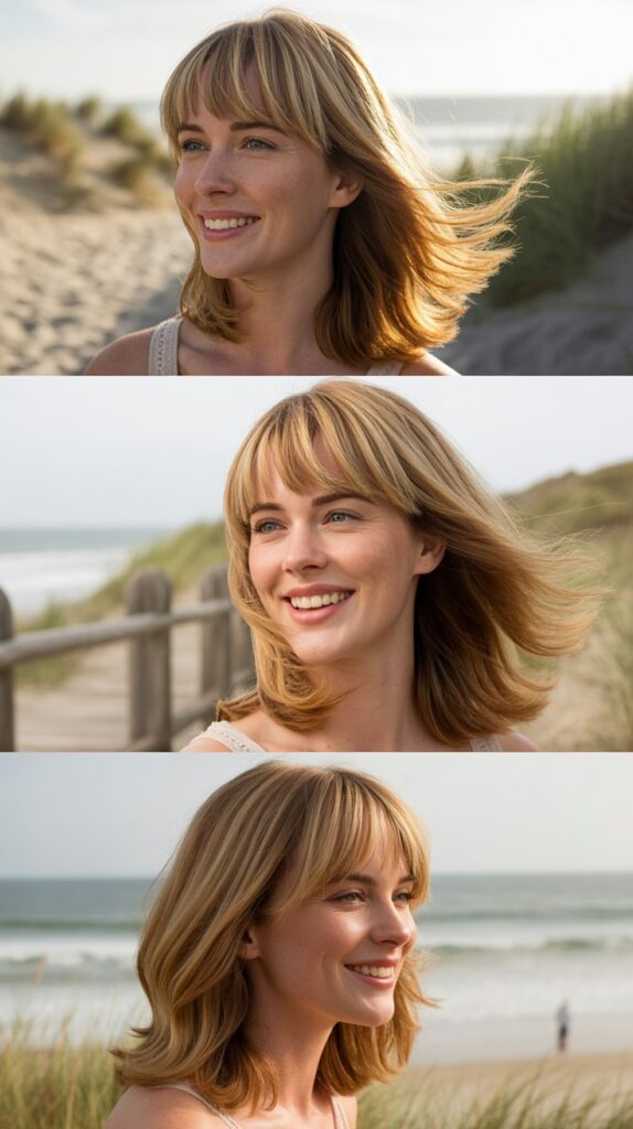 Medium-Length Blonde Hair with Side Bangs and Beachy Texture