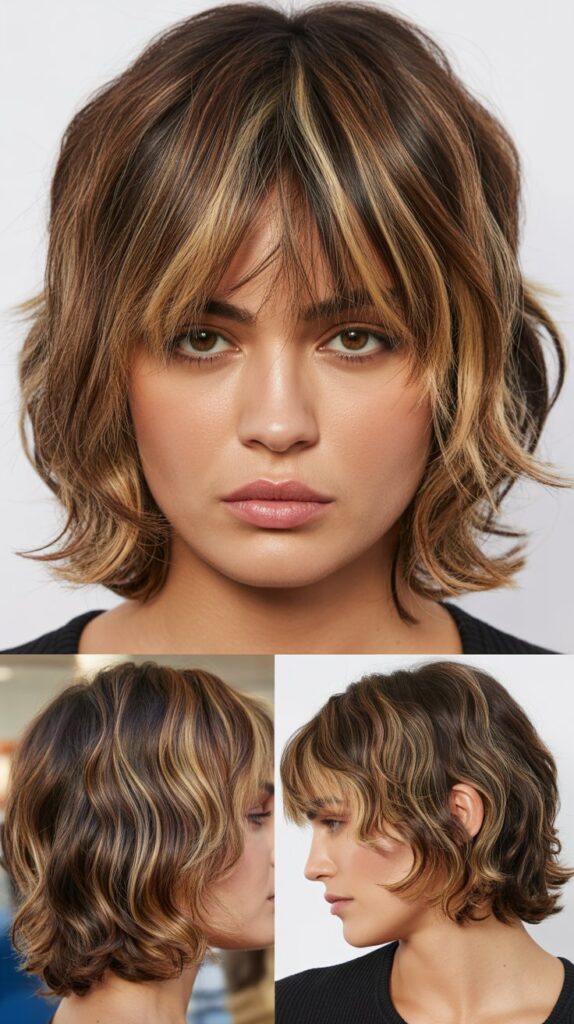 Choppy Shag With Curtain Bangs and Highlights