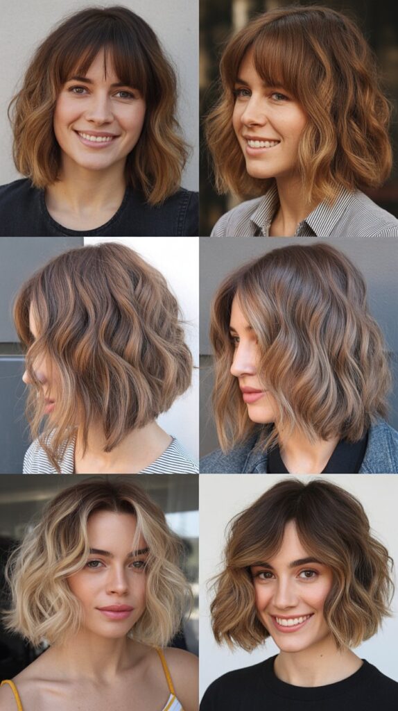 Wavy Bob With Long Bangs And Balayage