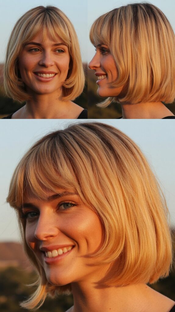 Blunt Bangs with Honey Blonde Soft Layers