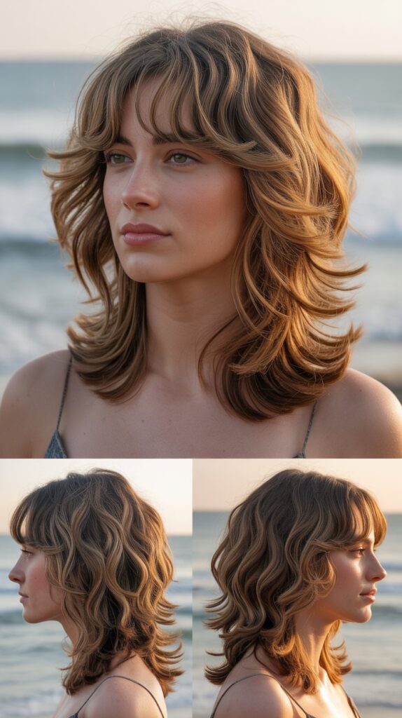 Layered Waves With Brow-Skimming Bangs