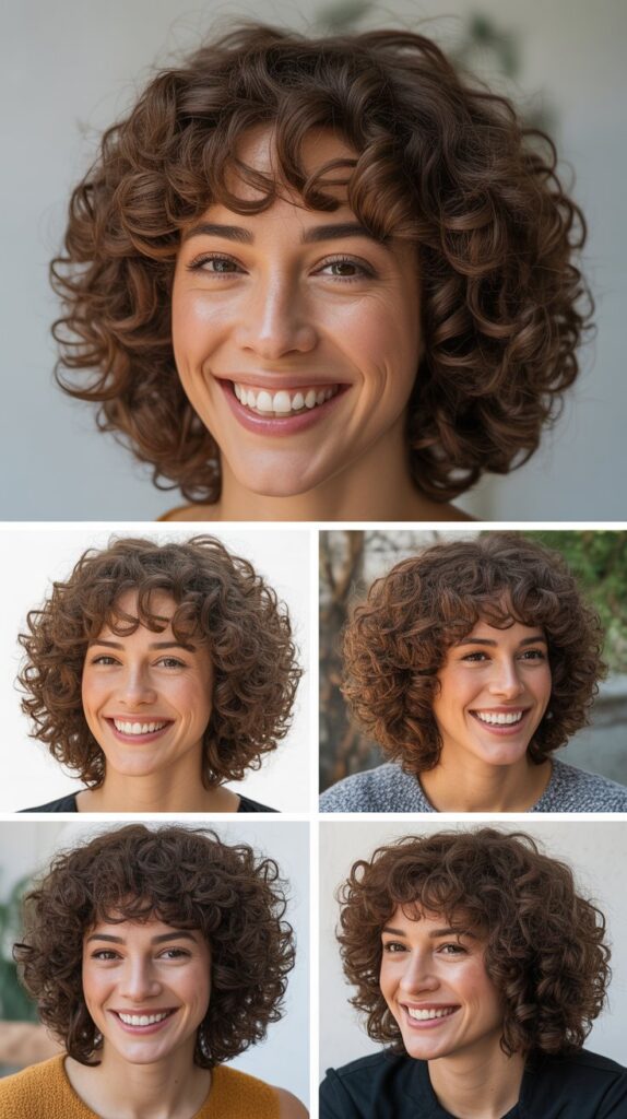 Curly Medium Hair with Curtain Bangs