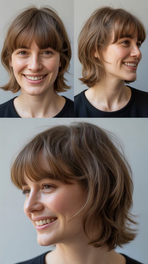 36 Medium-Length Hairstyles with Bangs for Thin Hair That Add Volume 12 Tousled Collarbone Cut with Brow-Skimming Bangs