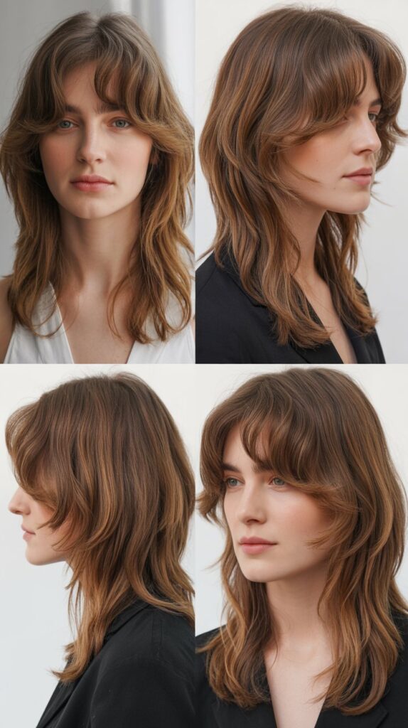 33 Flattering Medium Haircuts With Bangs for Round Faces 26 Long Wispy Bangs with Layered Midi