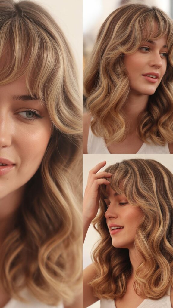 33 Flattering Medium Haircuts With Bangs for Round Faces 31 Soft Curtain Bangs with Shoulder Waves