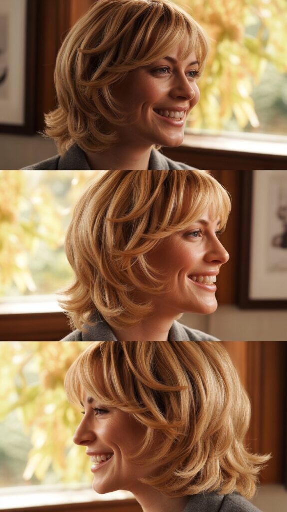 Choppy Bangs with Toasted Almond Blonde Razor-Cut Layers